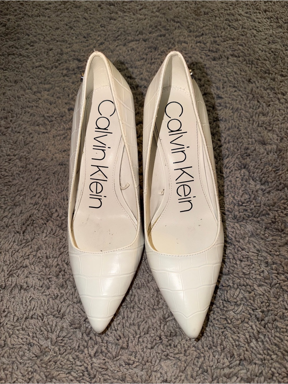 Calvin Klein White Croc-Embossed Pointed Toe Pumps